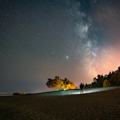 星夜下站在棕色沙滩上的人